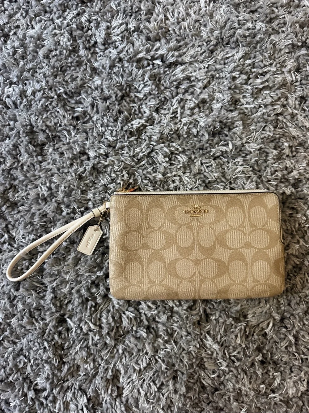 Coach Beige Signature Canvas Wristlet with Chalk Trim